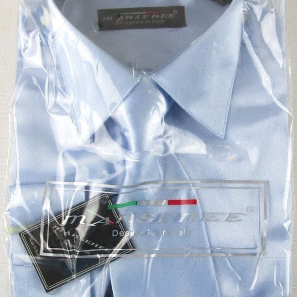 NWT Mansenee Boy's Metallic Light Blue Dress Shirt & Tie Set, Size 12 - Picture 1 of 2